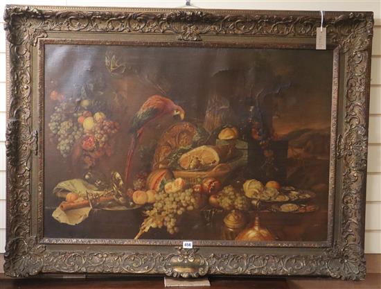 After Heem, olegraph, Still life with a parrot and fruit, ornate gesso frame, 65 x 96cm